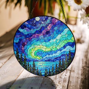 Northern Lights Stained Glass Suncatcher Beautiful Nature Design Window Decor Gift for Nature Lovers