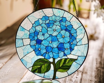 Blue Hydrangea Flower Round Stained Glass Window Suncatcher Gift for Mom Grandma or Gardener