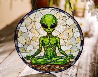Meditating Alien Stained Glass Style Round Suncatcher Gift for UFO Lovers