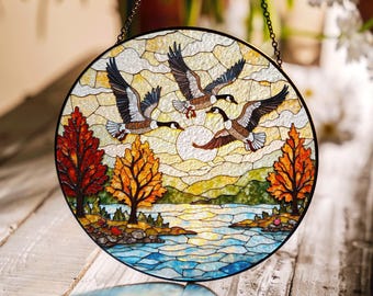 Flying geese autumn lake scene round suncatcher window decor fall glass gift for dad