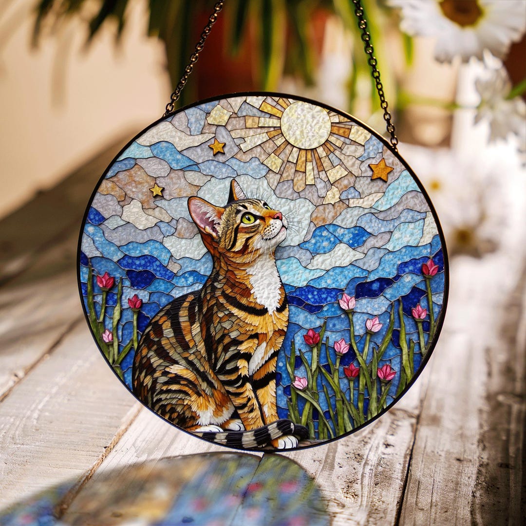 Tabby Cat Moonlight Suncatcher Stained Glass Window Decor Gift for Cat ...