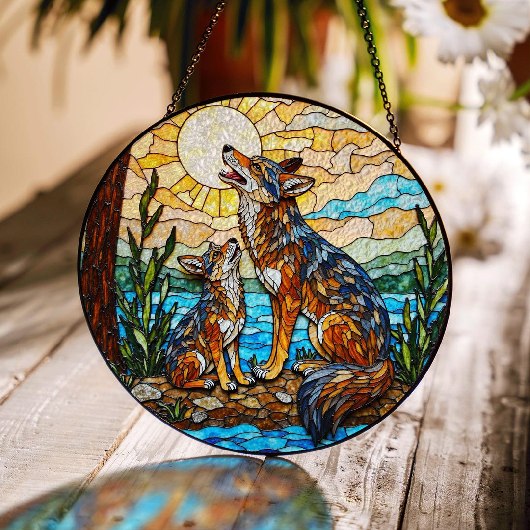Window Howling Howling Wolves Stained Glass Art Round Suncatcher for Window Decor ...