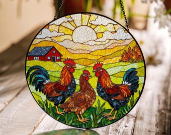 Roosters Hens Farmhouse Scene Round Stained Glass Suncatcher Gift for Chicken Lovers