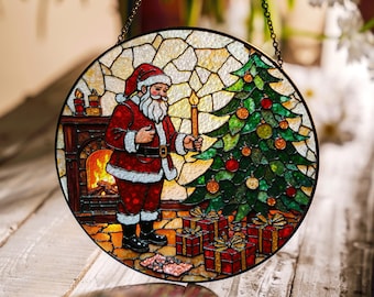 Santa by Christmas Tree Round Glass Suncatcher Holiday Window Decor Christmas Gift for Mom