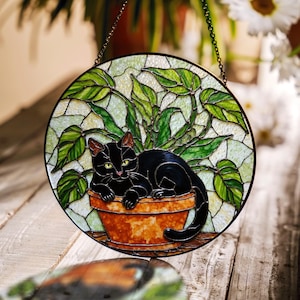 Black Cat Stained Glass Suncatcher Gift for Cat Lovers Window Decor