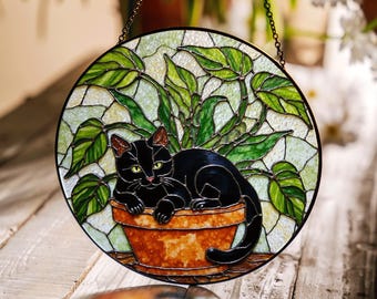 Black Cat Stained Glass Suncatcher Gift for Cat Lovers Window Decor