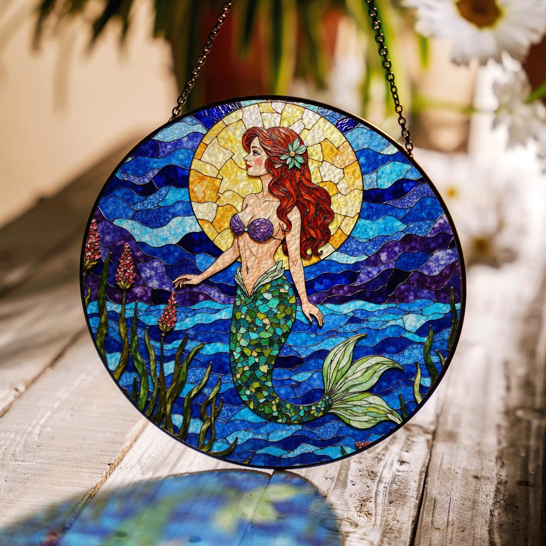 Mermaid With Red Hair Under Sun in Ocean Waves Stained Glass Suncatcher ...