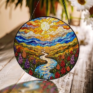 Colorful Mountain River Landscape Suncatcher Glass Art for Nature Lover Gift