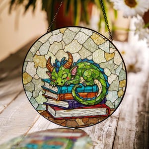 Sleeping Dragon Stained Glass Suncatcher Fantasy Decor Gift for Book Lovers