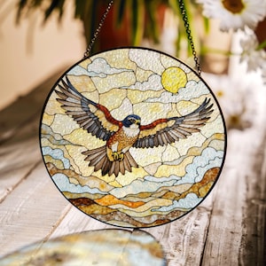 Flying hawk under sun stained glass bird suncatcher gift for dad