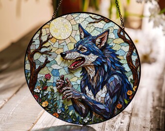 Suncatcher stained glass wolf in moonlit forest Halloween gift