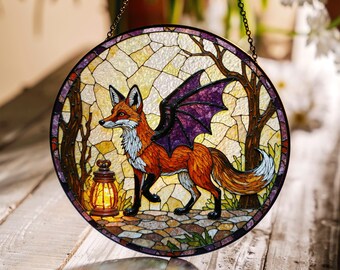 Suncatcher stained glass fox with dragon wings fantasy woodland Halloween gift