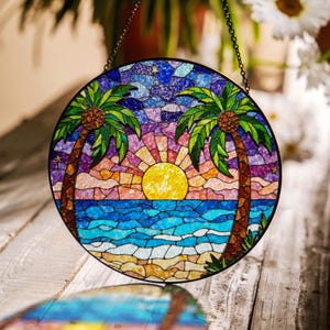 Tropical Beach Sunset Suncatcher Stained Glass Palm Tree Gift for Nature Lovers