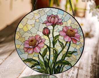 Pink floral stained glass round suncatcher window decor for mom gift