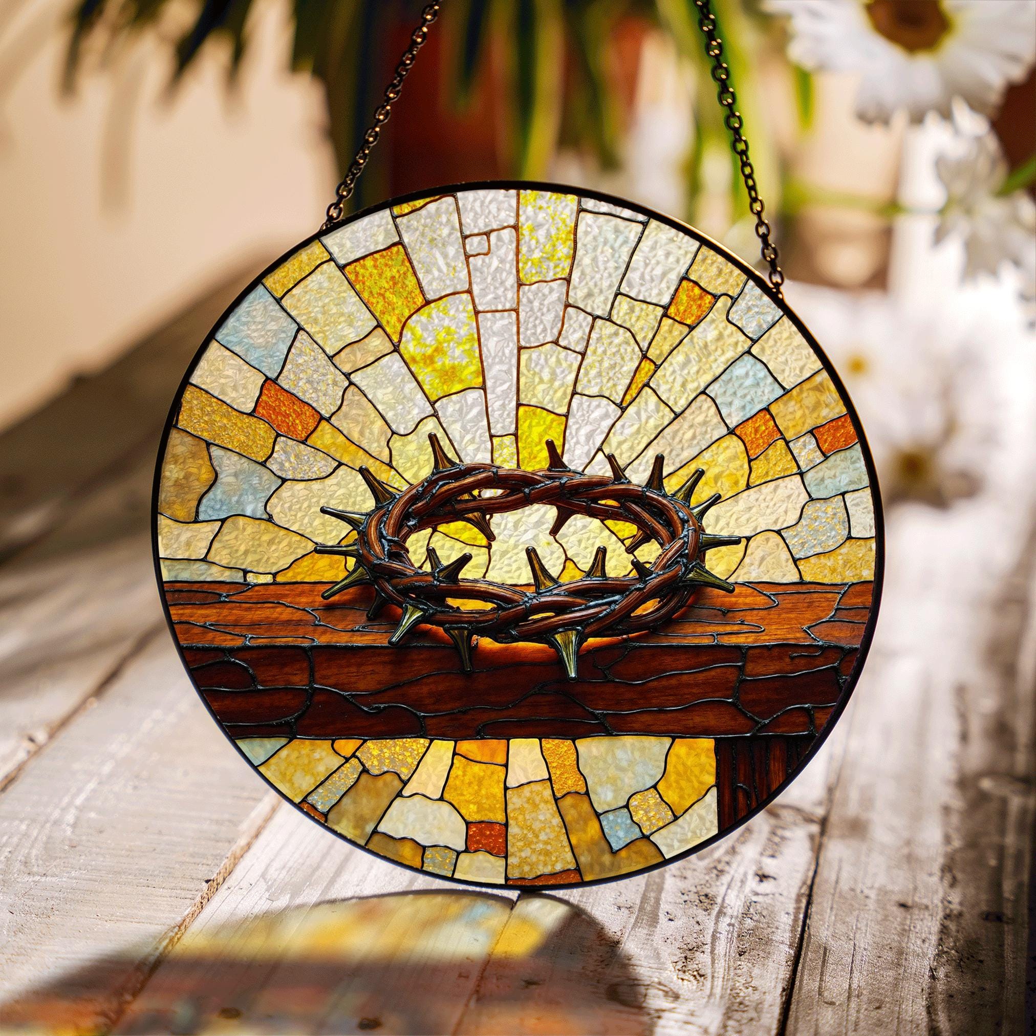 Crown of Thorns Cross Window Art Christian Stained Glass