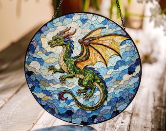 Emerald dragon in flight stained glass suncatcher fantasy window art gift for dragon fan