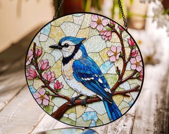 Blue jay on cherry blossom branch round suncatcher stained glass bird decor gift for moms spring window hanging