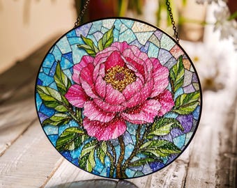 Pink Peony Stained Glass Suncatcher for Window Beautiful Floral Gift for Mother or Friend