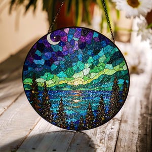 Northern Lights Stained Glass Suncatcher Nature Landscape Gift for Her