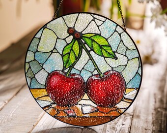 Cherry Stained Glass Suncatcher Window Hanging Gift for Mom Birthday