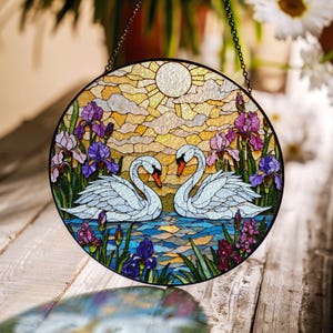 Romantic swan couple stained glass window decor love themed suncatcher gift for couples