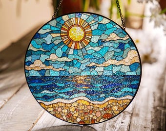 Ocean Sun Stained Glass Suncatcher Beach Home Decor Perfect Gift for Nature Lovers