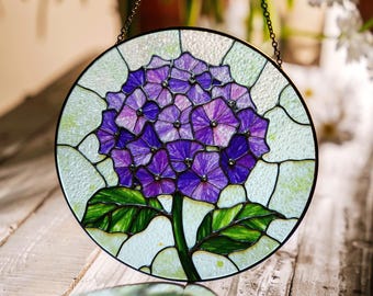 Purple Hydrangea Flower Stained Glass Suncatcher Window Decor Gift for Mom