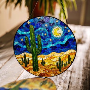 Desert Cactus Stained Glass Suncatcher Window Hanging Gift for Nature Lovers