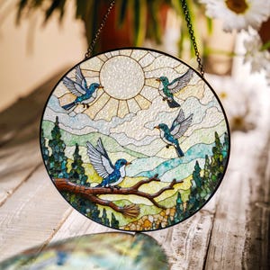 Colorful hummingbirds forest art glass suncatcher window hanging gift for mom birthday