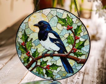 Stained Glass Magpie Suncatcher Window Hanging Bird Lover Gift Nature Decor