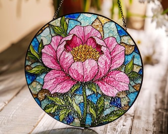 Peony Flower Stained Glass Suncatcher Hanging Window Art Home Decor Gift for Her