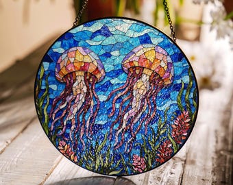 光るクラゲのステンドグラスサンキャッチャー、手作りの窓用吊り下げ