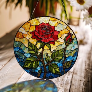 Red rose and bud stained glass floral suncatcher romantic window decor gift for wife or girlfriend