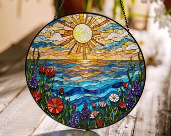 Vibrant wildflower meadow and ocean wave stained glass suncatcher summer window decor gift for nature lovers