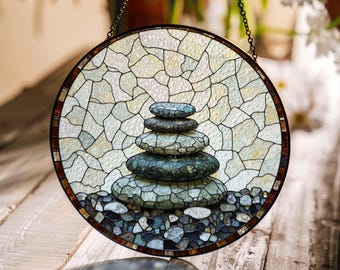 Zen rock stack art round suncatcher window hanging gift for him her
