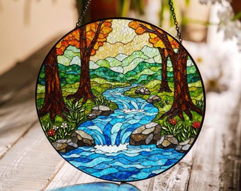 Forest waterfall creek stained glass suncatcher nature window hanging gift for outdoor lovers