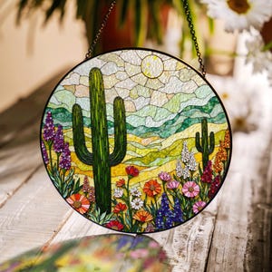 Colorful Desert Cactus Scene Round Suncatcher Window Hanging Southwest Decor Mothers Day Gift