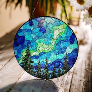 Aurora Borealis Forest Stained Glass Suncatcher Gift for Nature Lovers