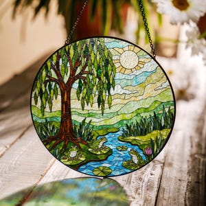 Suncatcher stained glass willow tree pond frogs nature scene gift for mom Mothers Day gift