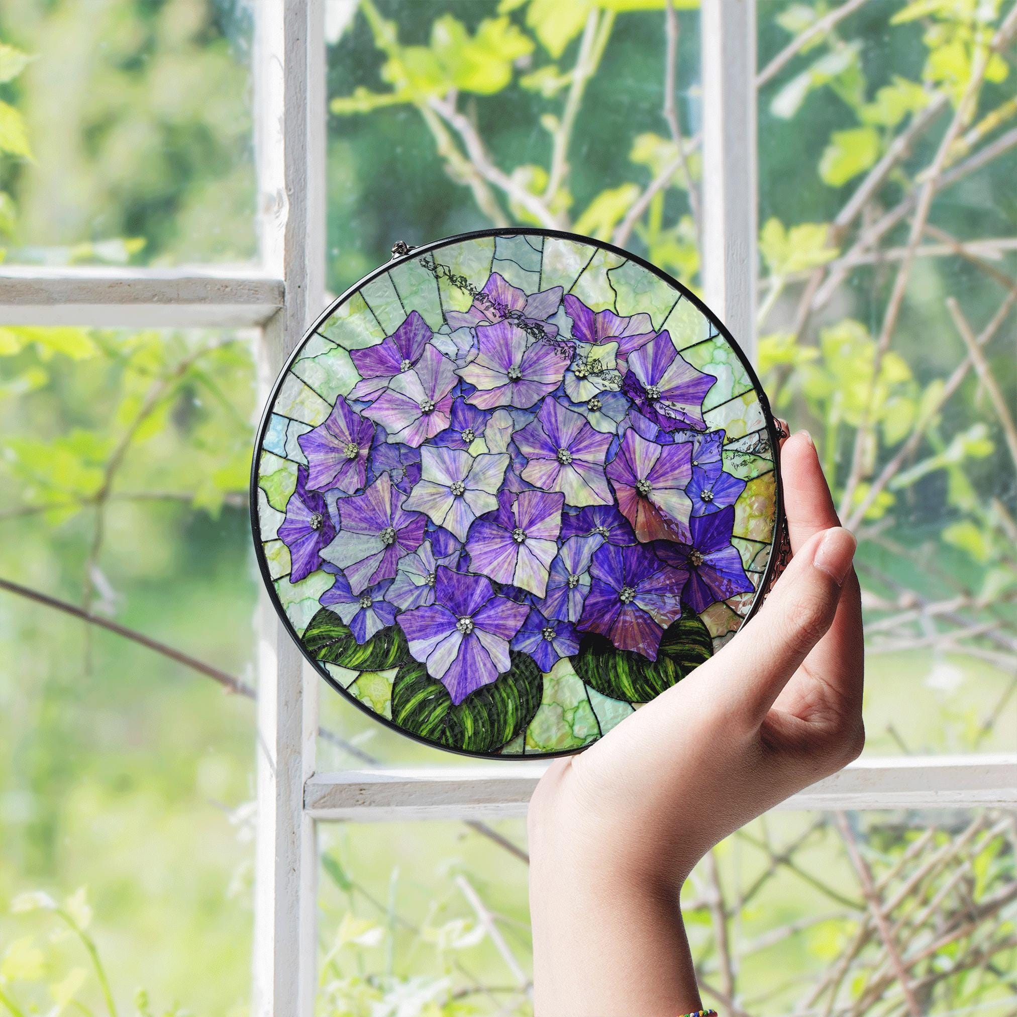 Hydrangea Window Display Purple Hydrangea Floral Round Stained Glass Suncatcher Window Hanging ...