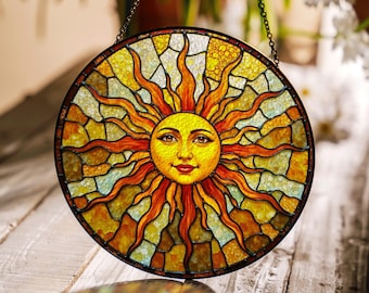 Radiant sun face stained glass suncatcher spiritual window decor unique mothers day gift