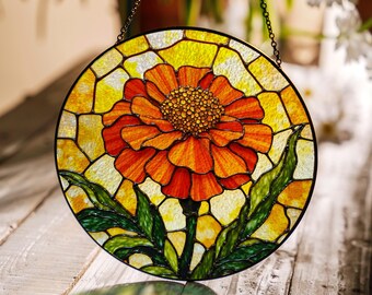 Orange flower stained glass round panel vibrant suncatcher art gift for plant lovers window decor gift for mom