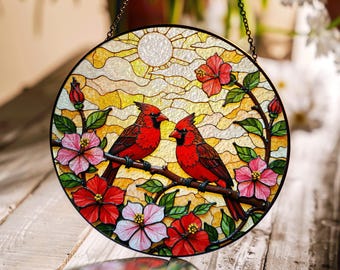 Red Cardinals on Flower Branch Stained Glass Suncatcher Window Art Gift for Mom