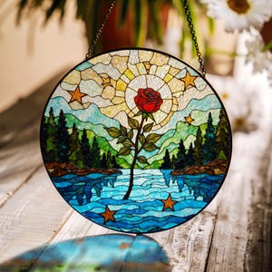 Red rose forest river stained glass round suncatcher window hanging nature decor gift for her birthday