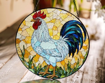 Stained Glass Rooster Suncatcher Handcrafted Colorful Window Art Gift for Bird Lovers