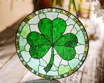 Green Four Leaf Clover Stained Glass Suncatcher Lucky Gift for St Patrick's Day Home Decoration
