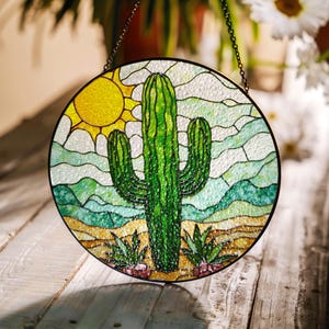 Cactus Stained Glass Sun Catcher Desert Landscape Green Cactus Gifts for Garden Lovers Home Decor