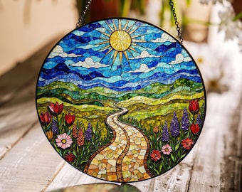 Mosaic sun trail with wildflowers vibrant stained glass suncatcher gift for nature lover friend