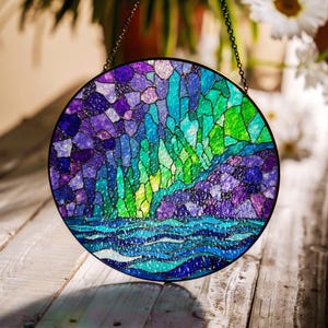 Northern Lights Stained Glass Suncatcher Window Decor Gift for Nature Lovers