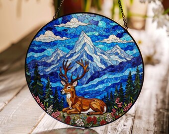 鹿のステンドグラス窓掛け - 穏やかな夕日の自然アート装飾 - Etsy 日本
